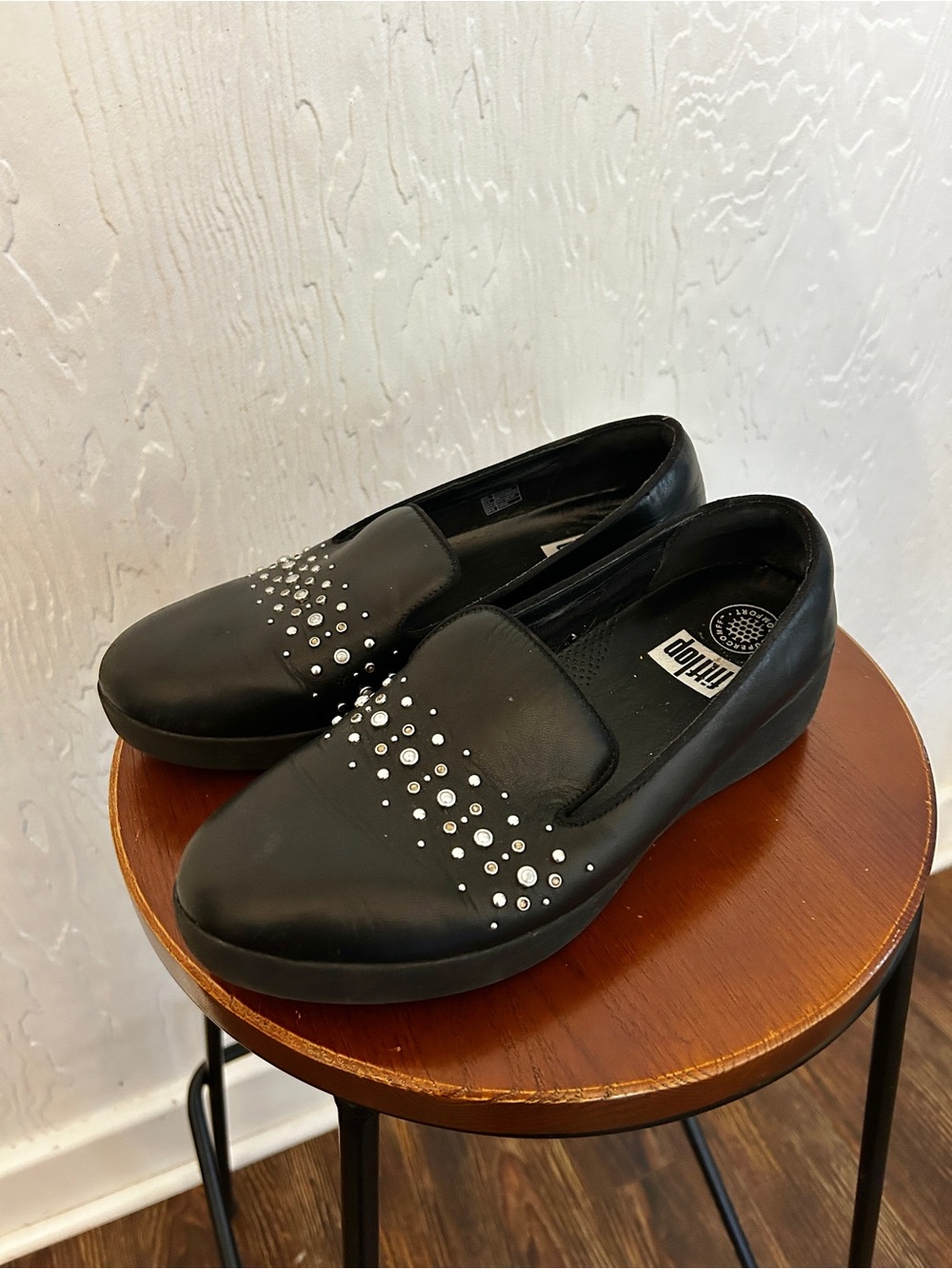 FITFLOP Audrey Pearl Leather Loafers Black Studded Size 8 Office Casual Comfort